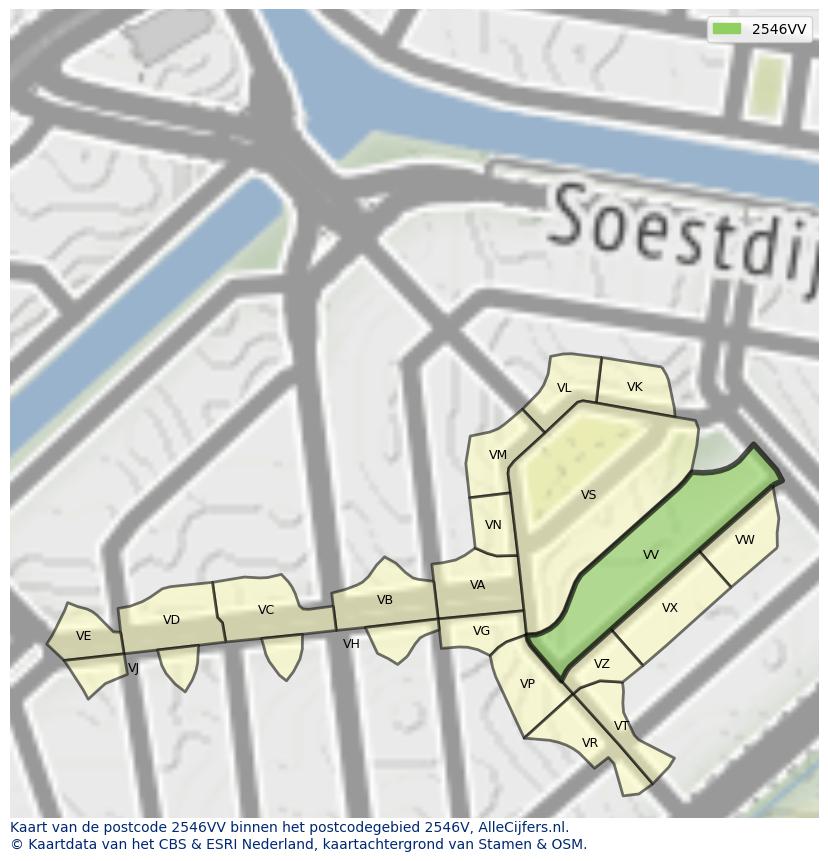 Afbeelding van het postcodegebied 2546 VV op de kaart.