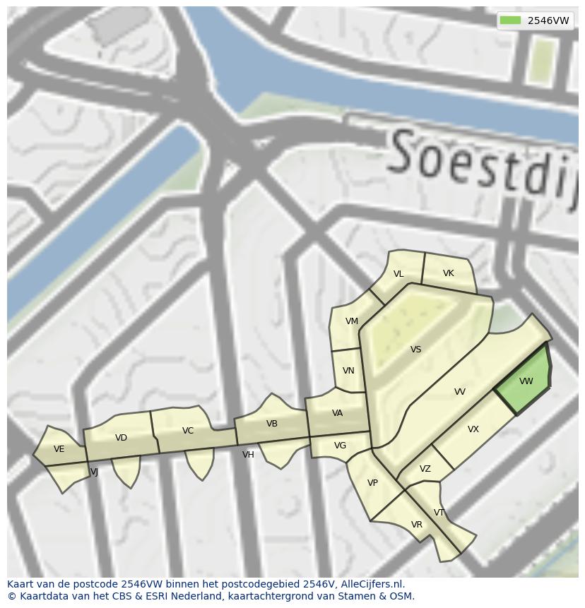 Afbeelding van het postcodegebied 2546 VW op de kaart.