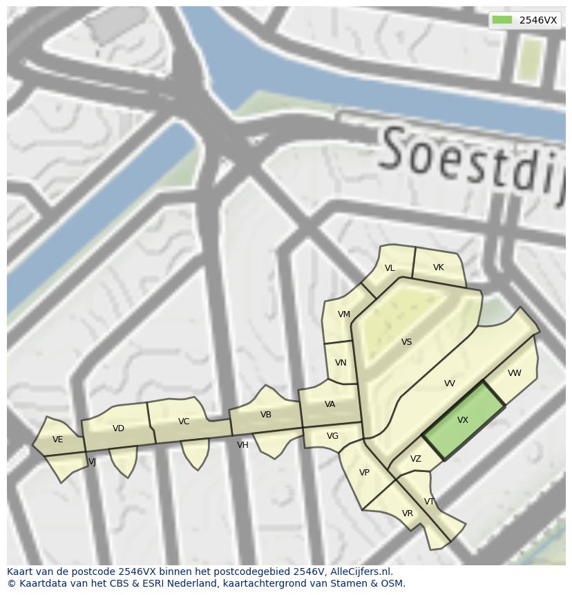 Afbeelding van het postcodegebied 2546 VX op de kaart.