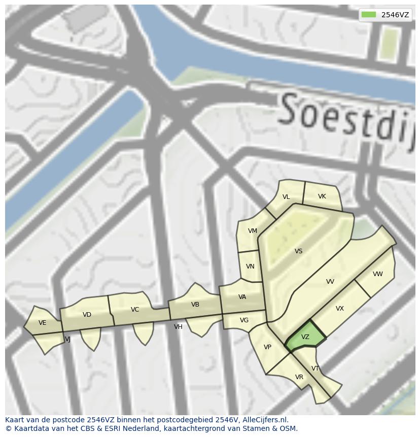 Afbeelding van het postcodegebied 2546 VZ op de kaart.