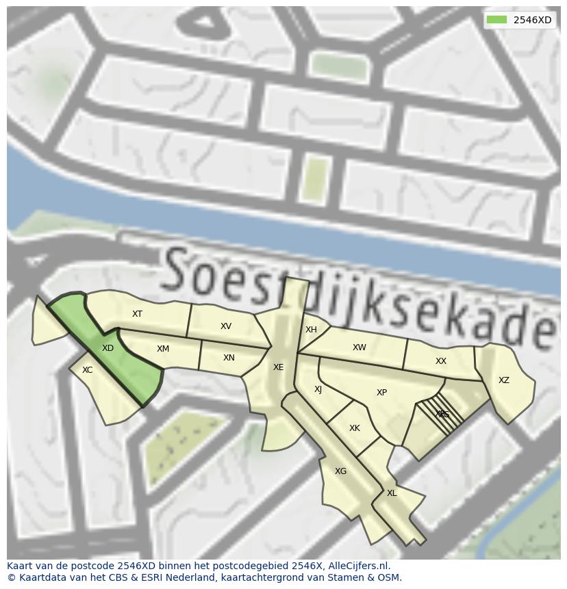 Afbeelding van het postcodegebied 2546 XD op de kaart.