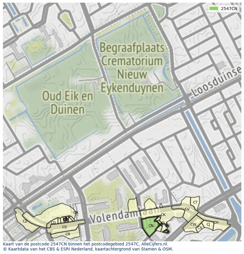 Afbeelding van het postcodegebied 2547 CN op de kaart.