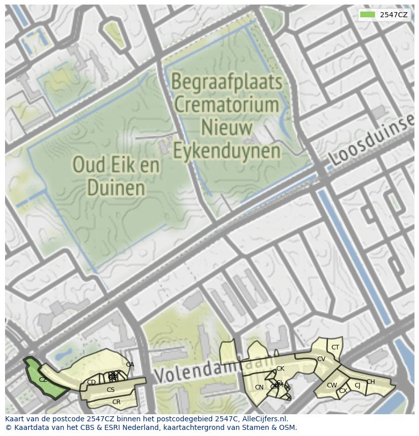 Afbeelding van het postcodegebied 2547 CZ op de kaart.