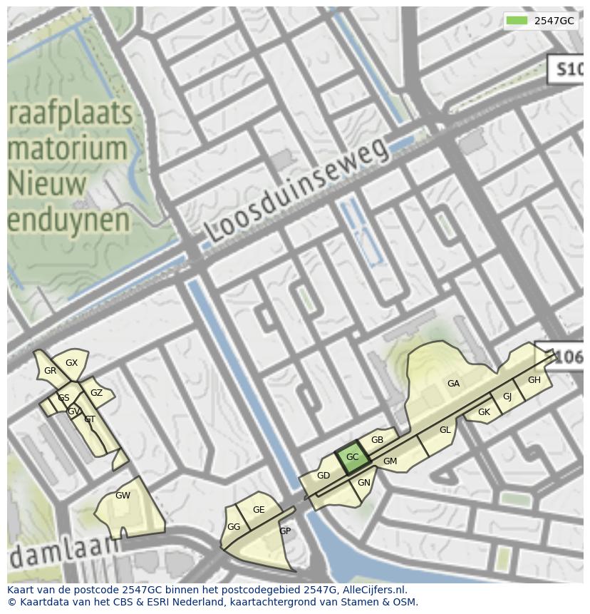 Afbeelding van het postcodegebied 2547 GC op de kaart.
