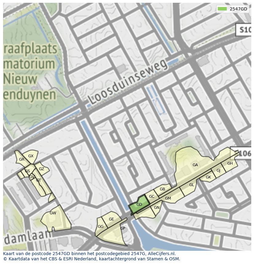 Afbeelding van het postcodegebied 2547 GD op de kaart.