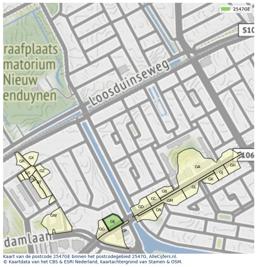 Afbeelding van het postcodegebied 2547 GE op de kaart.