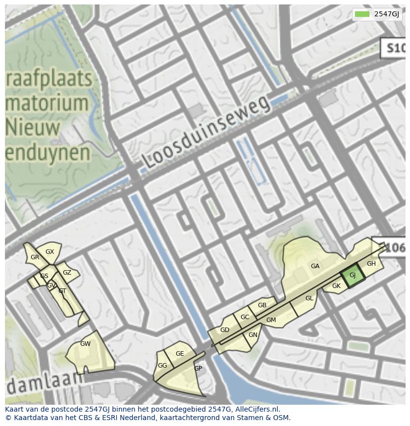 Afbeelding van het postcodegebied 2547 GJ op de kaart.