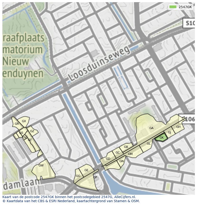 Afbeelding van het postcodegebied 2547 GK op de kaart.