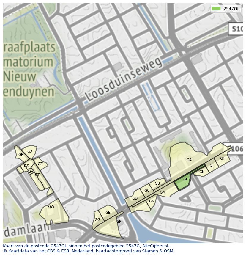 Afbeelding van het postcodegebied 2547 GL op de kaart.