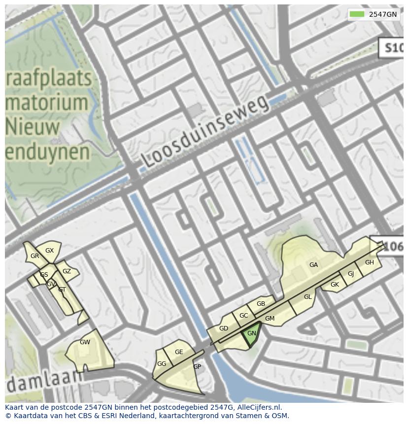 Afbeelding van het postcodegebied 2547 GN op de kaart.