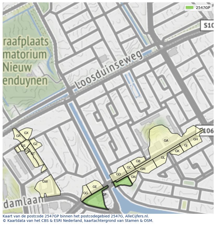 Afbeelding van het postcodegebied 2547 GP op de kaart.