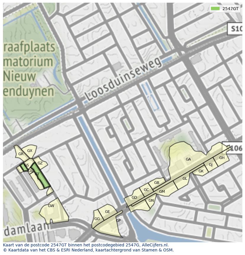 Afbeelding van het postcodegebied 2547 GT op de kaart.
