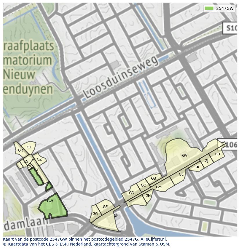 Afbeelding van het postcodegebied 2547 GW op de kaart.