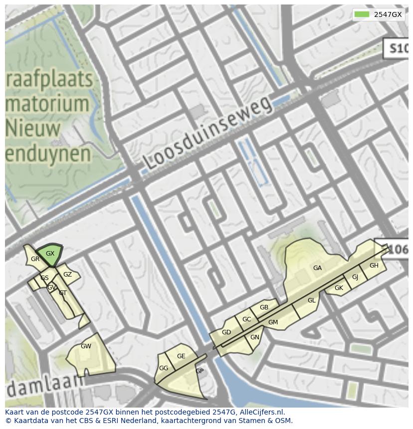 Afbeelding van het postcodegebied 2547 GX op de kaart.
