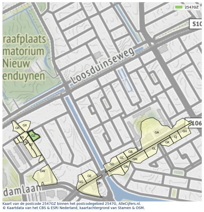 Afbeelding van het postcodegebied 2547 GZ op de kaart.