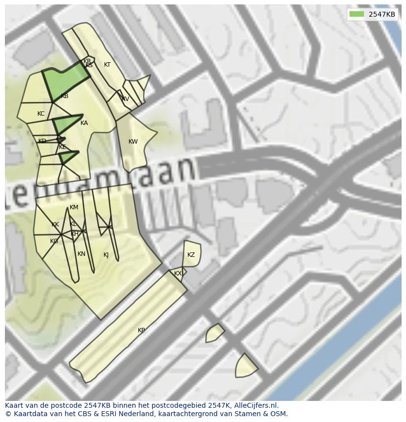 Afbeelding van het postcodegebied 2547 KB op de kaart.