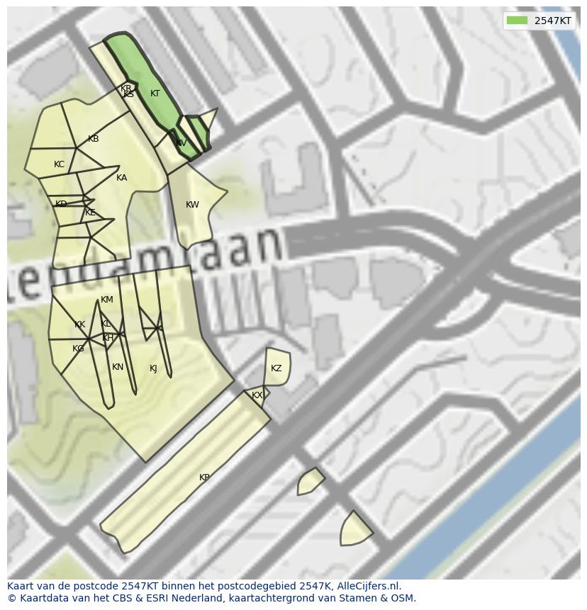 Afbeelding van het postcodegebied 2547 KT op de kaart.