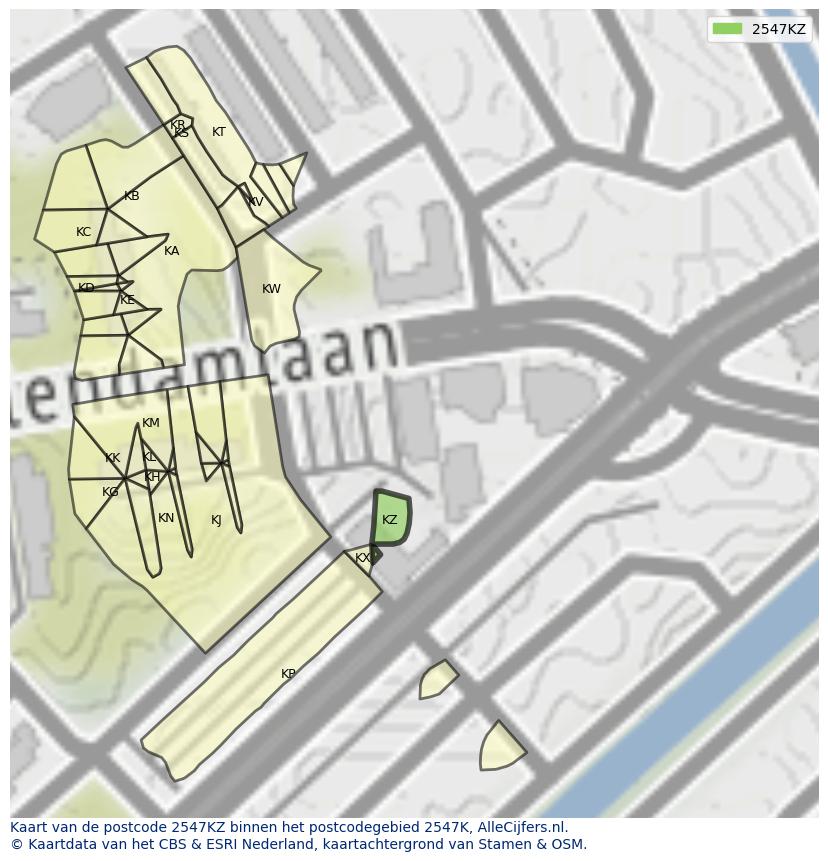 Afbeelding van het postcodegebied 2547 KZ op de kaart.
