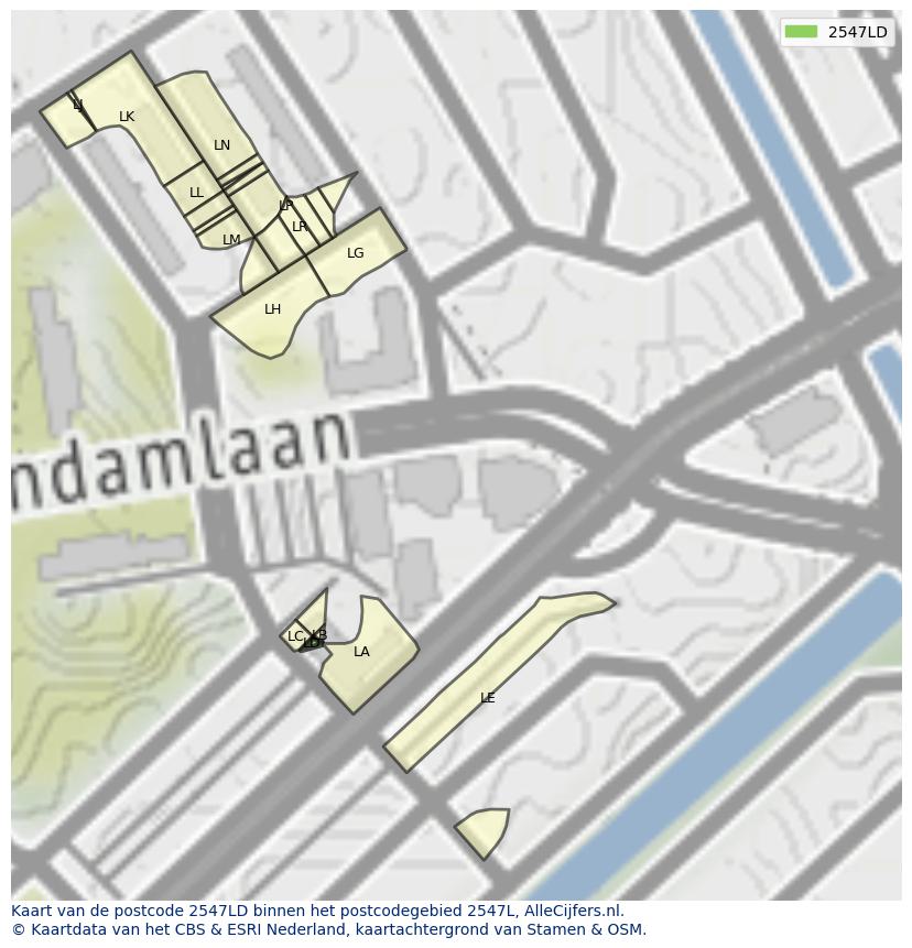 Afbeelding van het postcodegebied 2547 LD op de kaart.