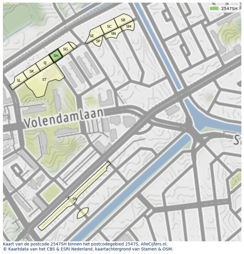 Afbeelding van het postcodegebied 2547 SH op de kaart.