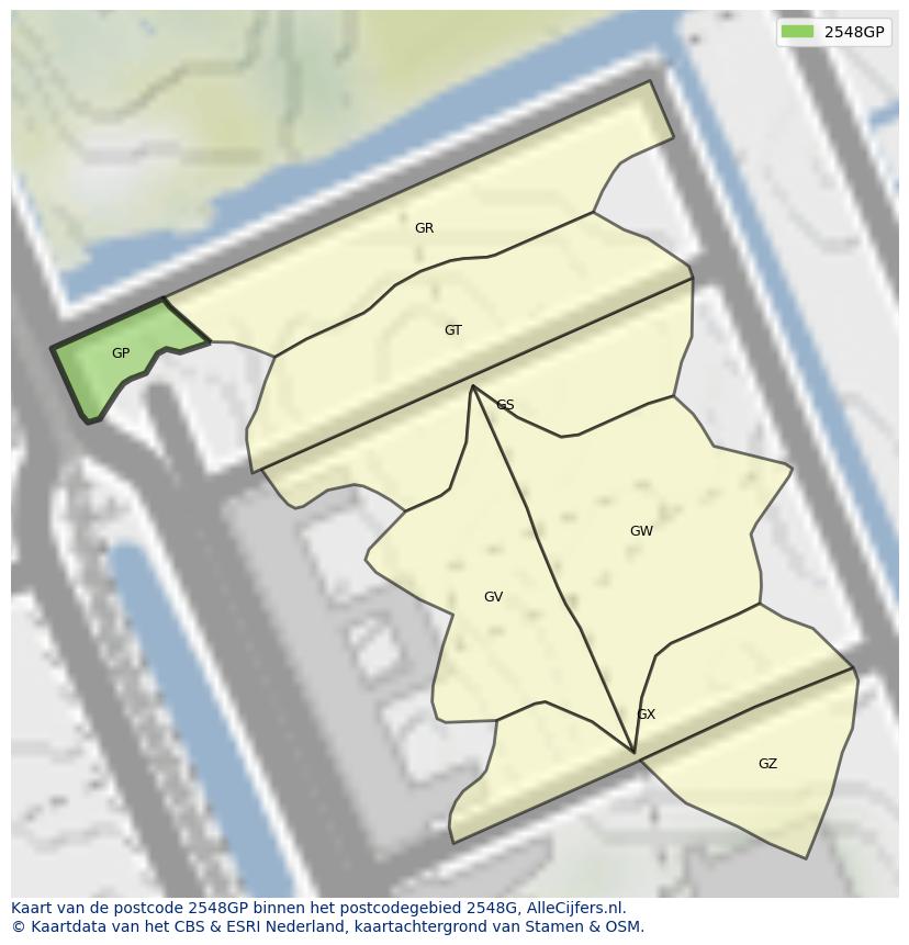 Afbeelding van het postcodegebied 2548 GP op de kaart.