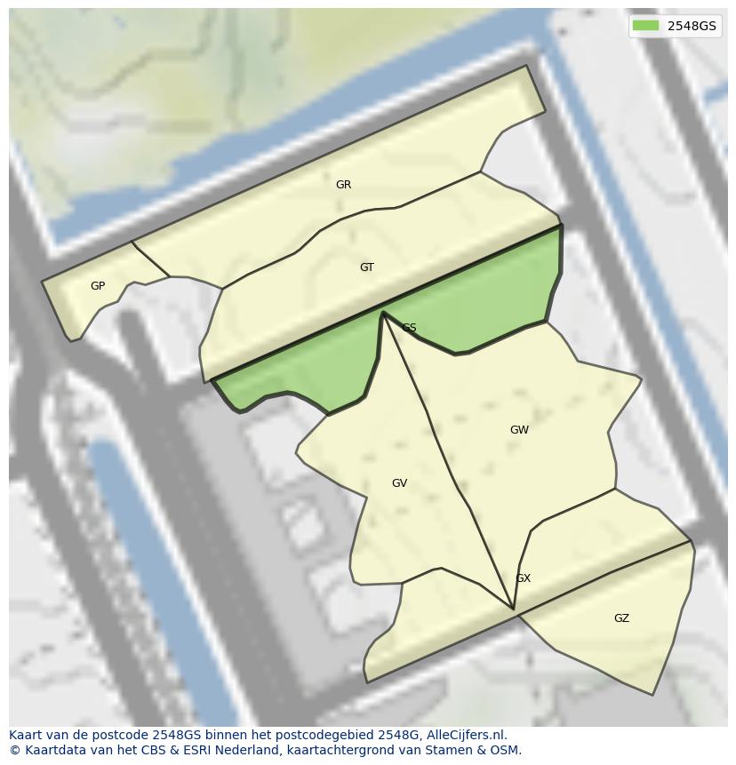 Afbeelding van het postcodegebied 2548 GS op de kaart.