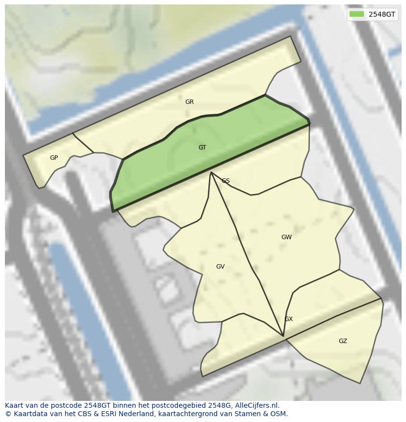 Afbeelding van het postcodegebied 2548 GT op de kaart.