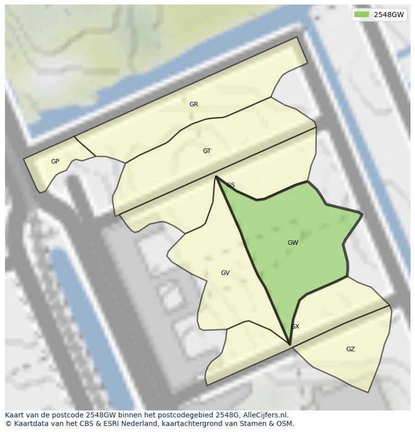 Afbeelding van het postcodegebied 2548 GW op de kaart.