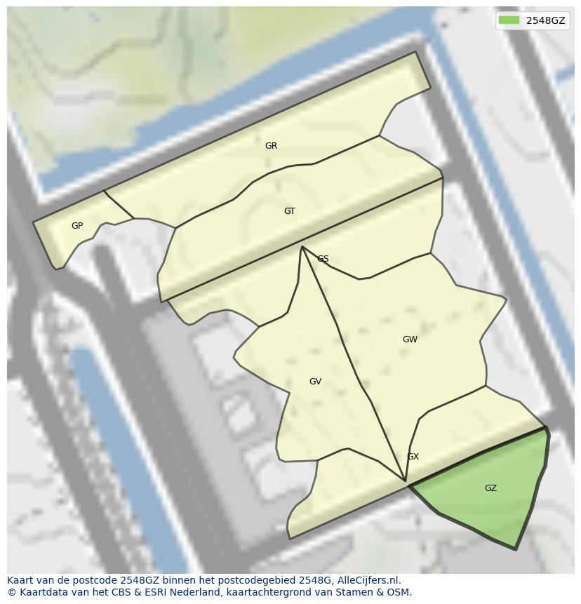 Afbeelding van het postcodegebied 2548 GZ op de kaart.