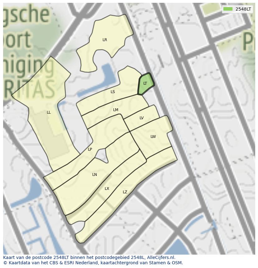 Afbeelding van het postcodegebied 2548 LT op de kaart.