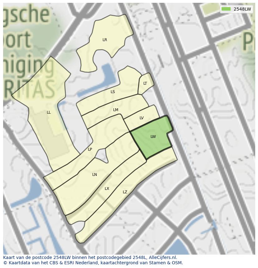 Afbeelding van het postcodegebied 2548 LW op de kaart.