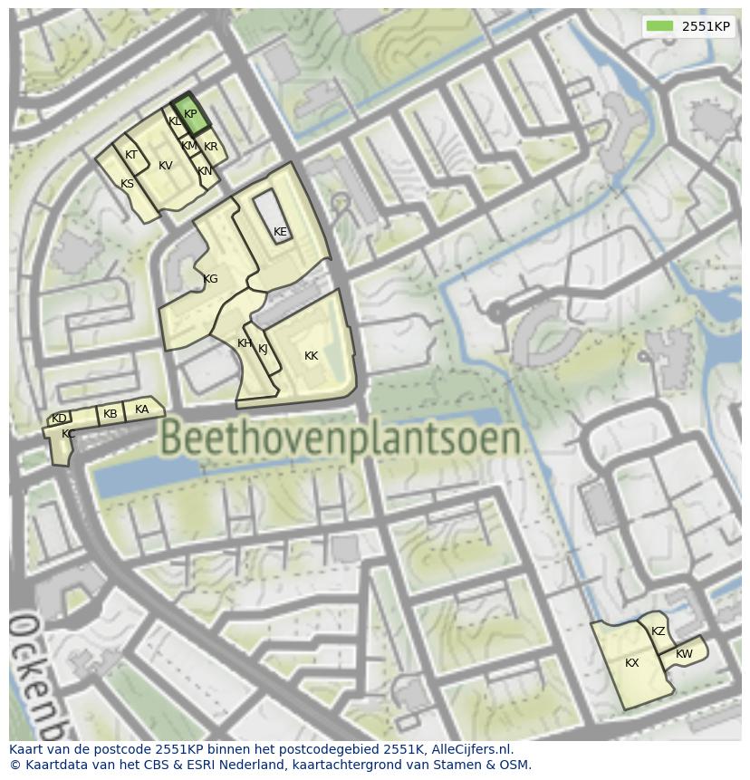Afbeelding van het postcodegebied 2551 KP op de kaart.