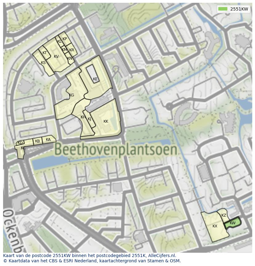 Afbeelding van het postcodegebied 2551 KW op de kaart.