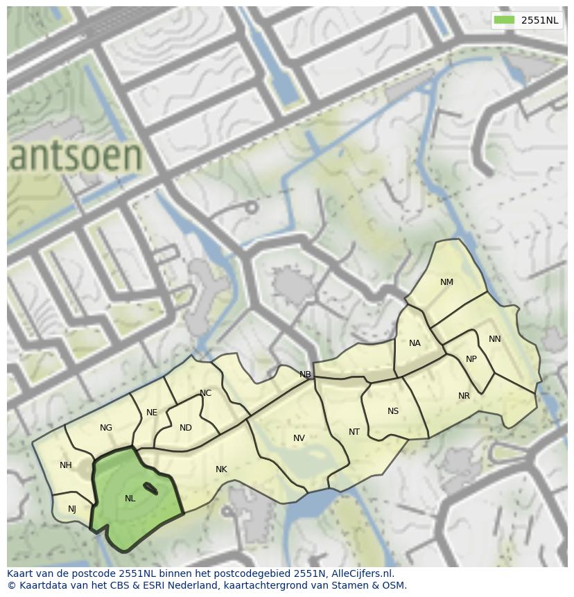 Afbeelding van het postcodegebied 2551 NL op de kaart.