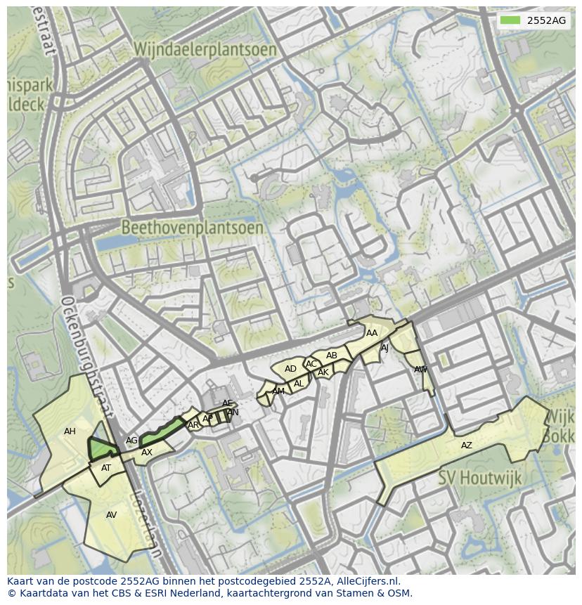 Afbeelding van het postcodegebied 2552 AG op de kaart.