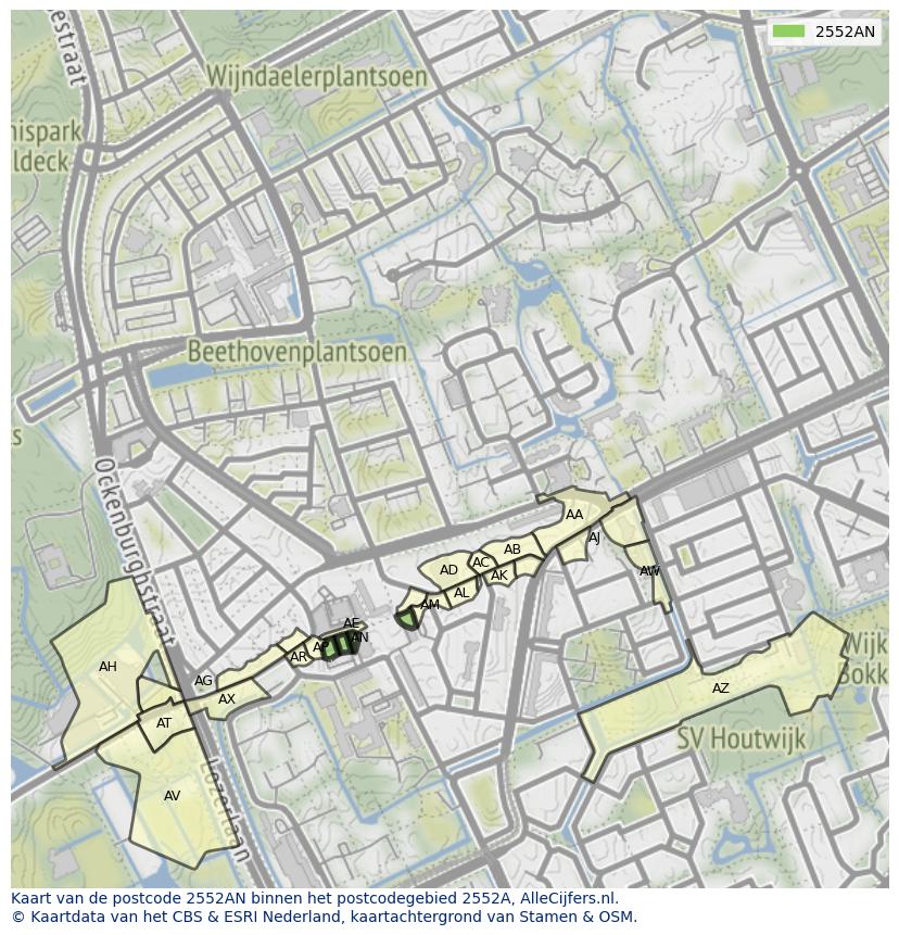 Afbeelding van het postcodegebied 2552 AN op de kaart.