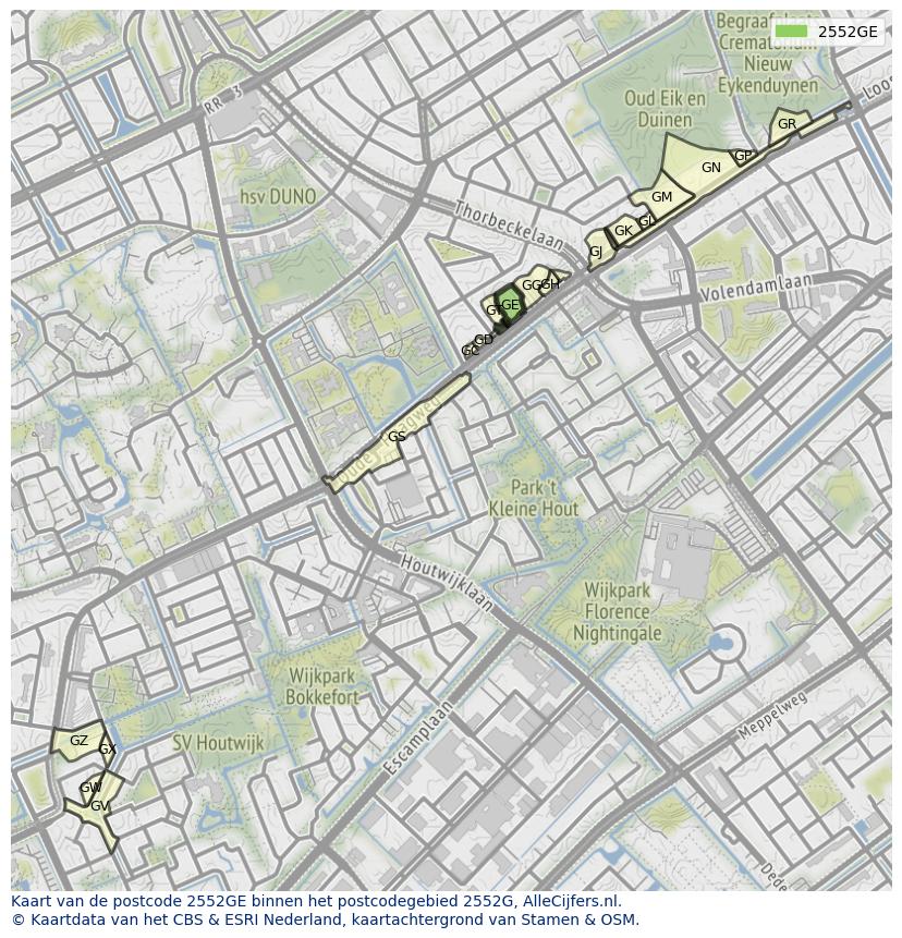 Afbeelding van het postcodegebied 2552 GE op de kaart.