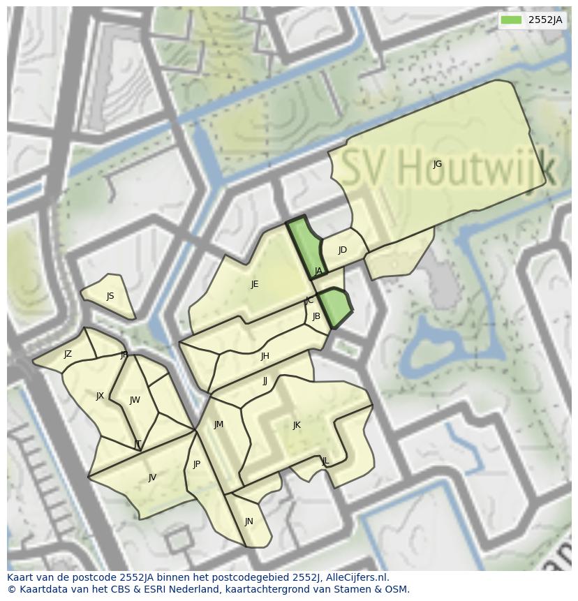 Afbeelding van het postcodegebied 2552 JA op de kaart.