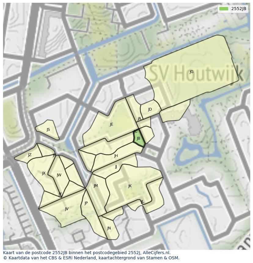 Afbeelding van het postcodegebied 2552 JB op de kaart.