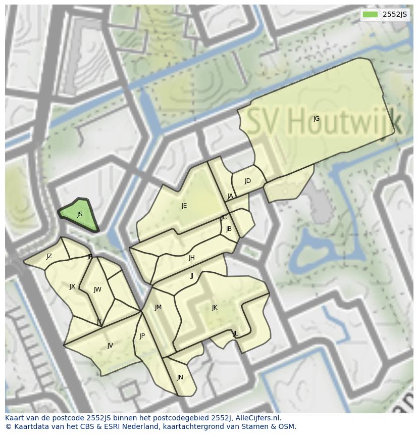 Afbeelding van het postcodegebied 2552 JS op de kaart.