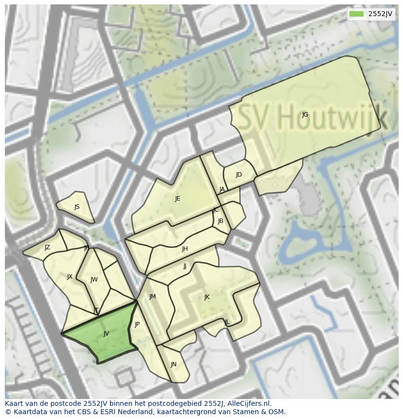 Afbeelding van het postcodegebied 2552 JV op de kaart.