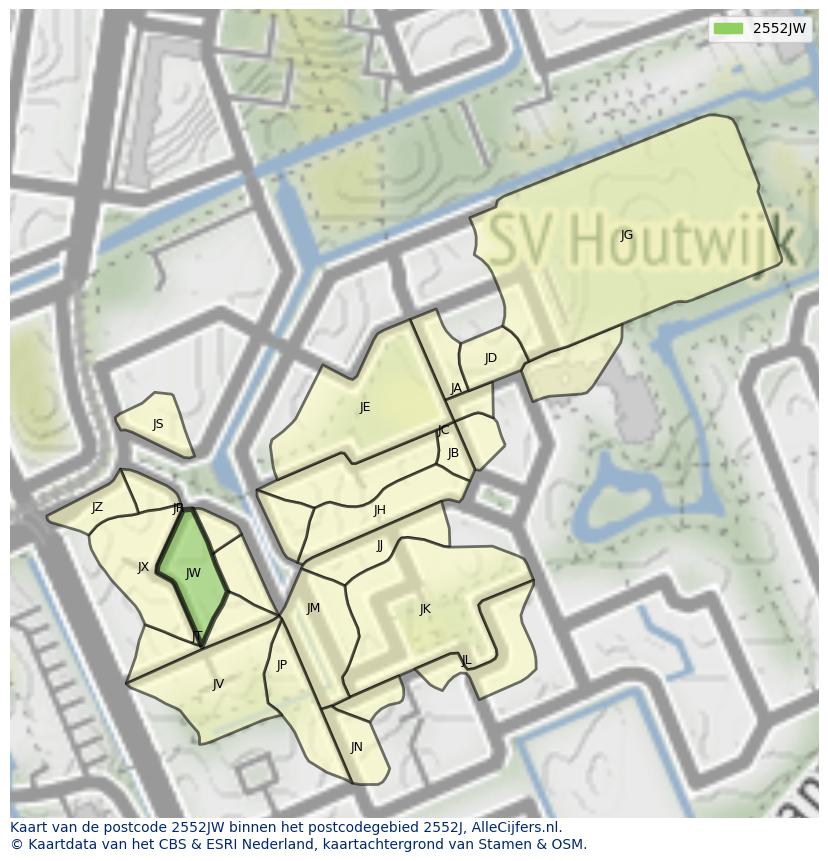 Afbeelding van het postcodegebied 2552 JW op de kaart.