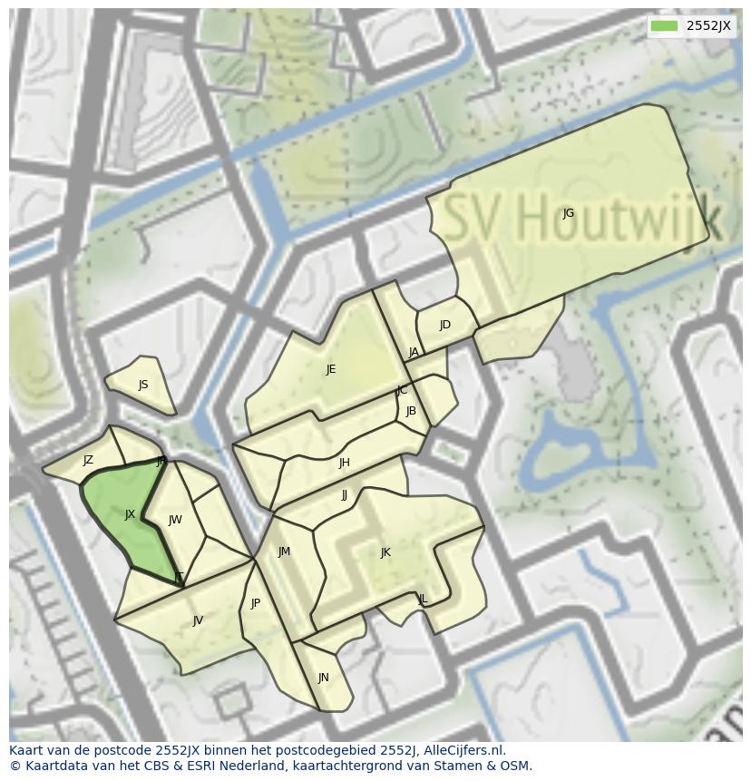 Afbeelding van het postcodegebied 2552 JX op de kaart.
