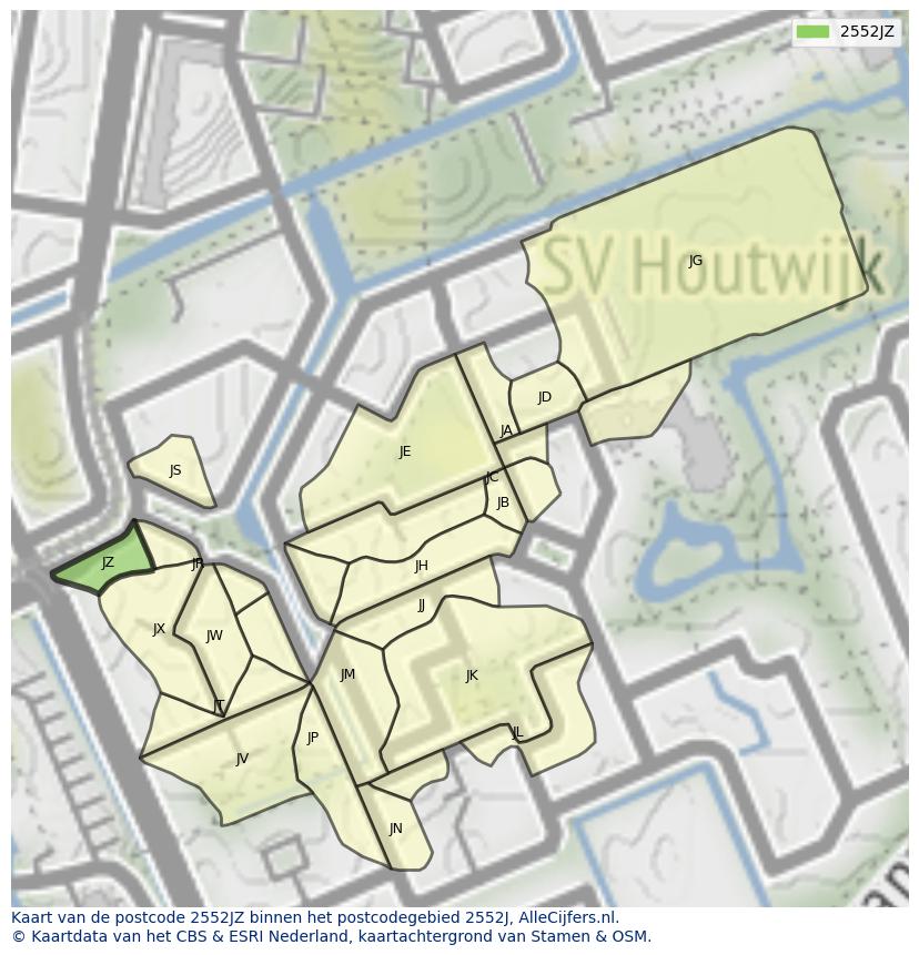 Afbeelding van het postcodegebied 2552 JZ op de kaart.