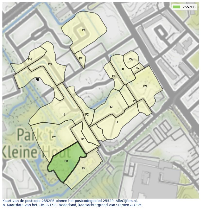 Afbeelding van het postcodegebied 2552 PB op de kaart.