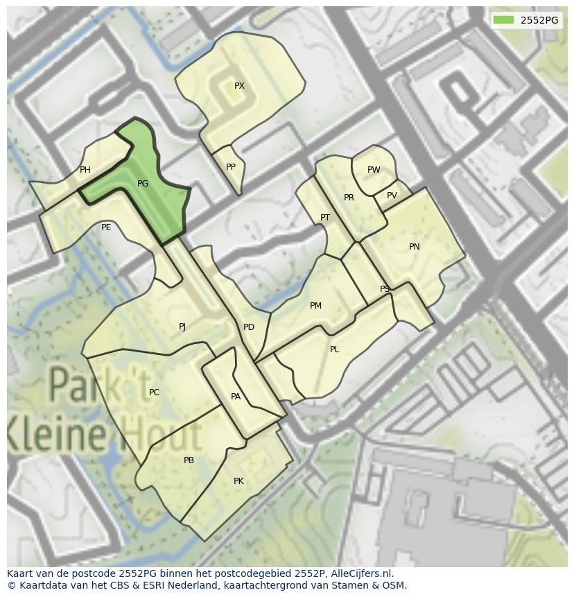 Afbeelding van het postcodegebied 2552 PG op de kaart.