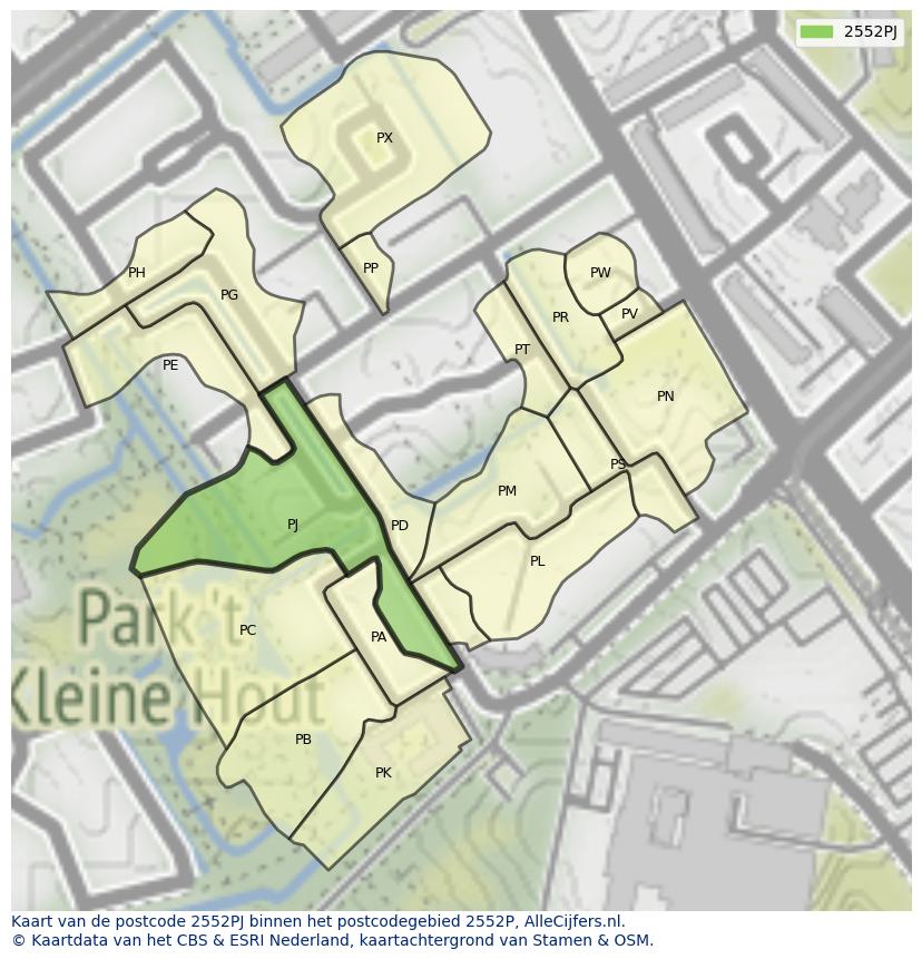 Afbeelding van het postcodegebied 2552 PJ op de kaart.