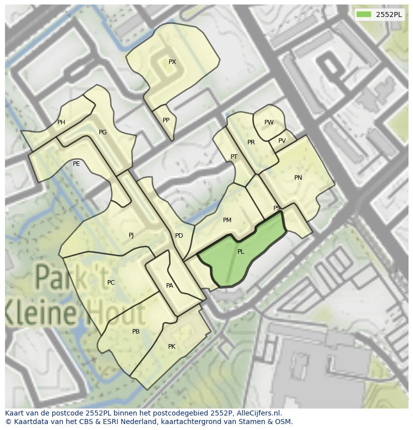 Afbeelding van het postcodegebied 2552 PL op de kaart.
