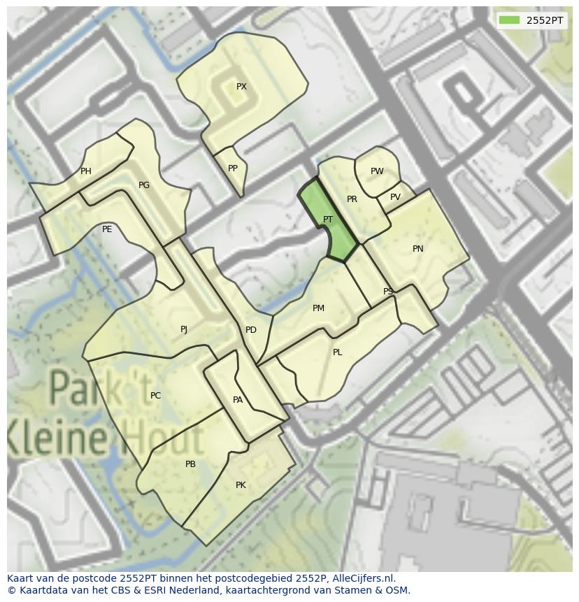 Afbeelding van het postcodegebied 2552 PT op de kaart.