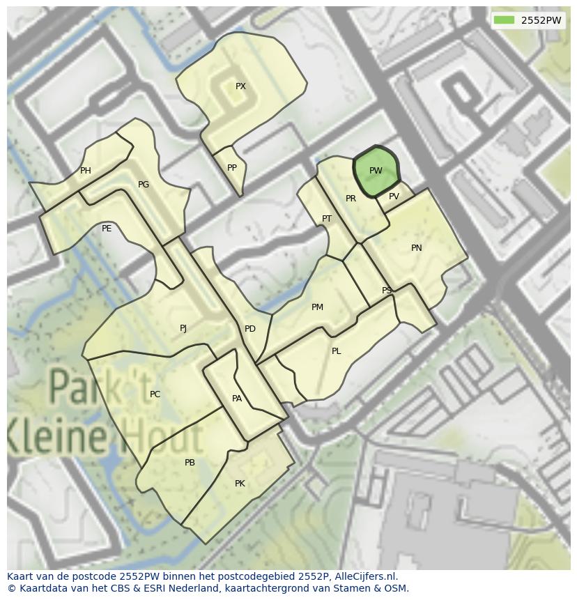 Afbeelding van het postcodegebied 2552 PW op de kaart.